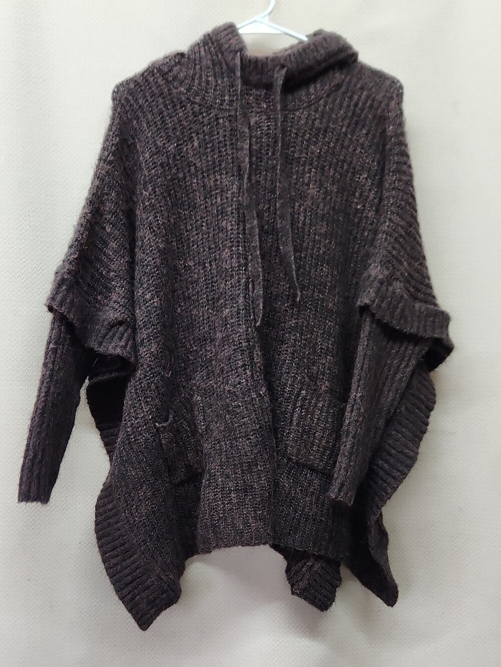 white birch Hooded Knit Poncho Sweater - Deep Plum Brown